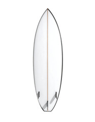 A white surfboard viewed from above, showcasing its symmetrical shape,  central fin, and two smaller side fins.  The board is smooth and sleek
