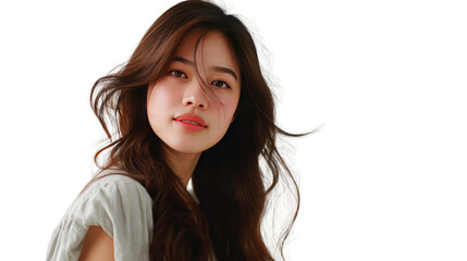 Radiant Portrait of a Young Woman: A captivating portrait showcases a beautiful young woman with flowing hair and a serene expression, conveying an air of natural beauty and inner peace.