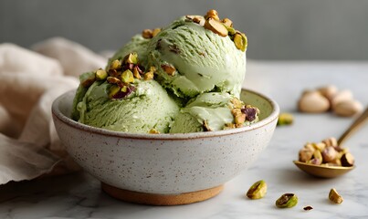  Vegan Pistachio Ice Cream, hero shot of the finished creamy, nutty green ice cream in a rustic ceramic bowl