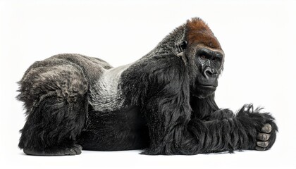 A silverback gorilla—reclined, arms crossed, gaze withheld—rests in primal stillness. A metaphor for embodied wisdom and the choreography of ancestral gravity.