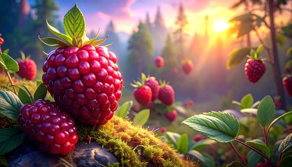 Vibrant raspberries in a sunlit forest