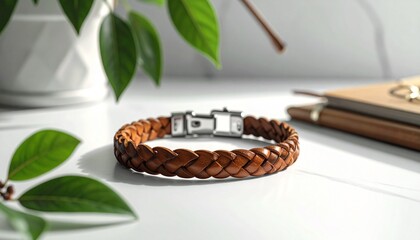 A braided bracelet—brown leather, hexagonal clasp, leaf-shadowed—rests in quiet poise. A metaphor for tactile memory and the choreography of worn resilience.