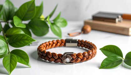 A braided bracelet—brown leather, hexagonal clasp, leaf-shadowed—rests in quiet poise. A metaphor for tactile memory and the choreography of worn resilience.