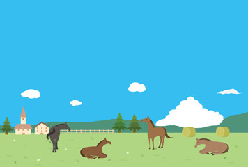 馬と牧場の風景イラスト