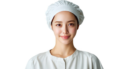 Smiling Professional Chef: A warm close-up of a chef with a serene, inviting smile, radiating confidence, and the art of culinary mastery. She wears a chef's hat and pristine uniform.