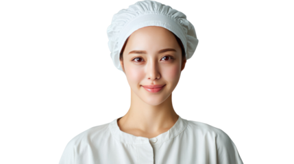 Smiling Professional Chef: A warm close-up of a chef with a serene, inviting smile, radiating confidence, and the art of culinary mastery. She wears a chef's hat and pristine uniform.