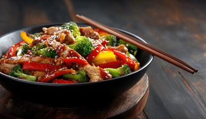 Stir-fried chicken with broccoli and peppers in a dark bowl, with chopsticks