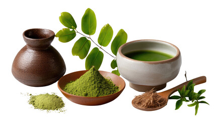 Serene Matcha Moment: A tranquil presentation featuring the vibrant green of finely ground matcha tea, gracefully arranged alongside complementary elements for a mindful tea experience.