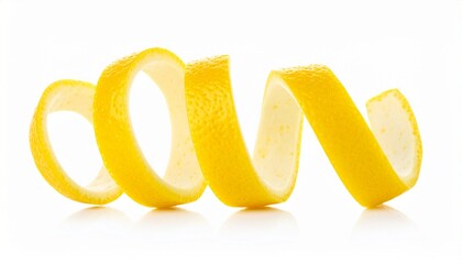 Two lemon peels—spiraled, golden, resting on white—curl in quiet elegance. A metaphor for citrus memory and the choreography of fragrant restraint.