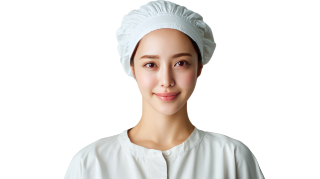 Smiling Professional Chef: A warm close-up of a chef with a serene, inviting smile, radiating confidence, and the art of culinary mastery. She wears a chef's hat and pristine uniform. - Powered by Adobe