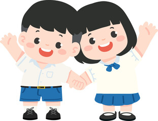Illustration of Students Holding Hands and Waving