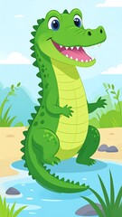 Cute cartoon crocodile in a serene watery landscape