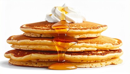 A stack of golden pancakes—syrup cascading, cream perched—rests in warm indulgence. A metaphor for layered comfort and the choreography of edible nostalgia.