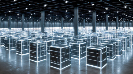 Rows of illuminated server racks in a large data center facility with reflective flooring and overhead lighting