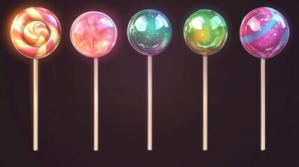 Colorful Lollipops on Sticks with a Dark Background and Bright Colors