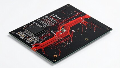 A circuit board—black base, red veins, central chip pulsing—rests in engineered stillness. A metaphor for silent cognition and the choreography of synthetic intention.