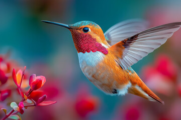 Naklejka premium Hummingbird in flight with vibrant plumage amidst colorful blooms, a serene dance of nature's beauty.