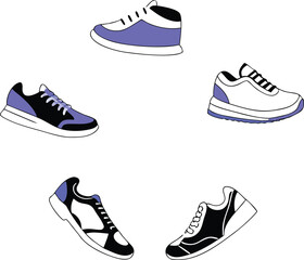 Assortment of Five Stylized Sneakers in Various Colors and Designs shoes footwear