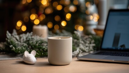 A beige candle sits on a light wooden surface, next to a small figurine of a mouse and sprigs of greenery.  Holiday lights are blurred in the background