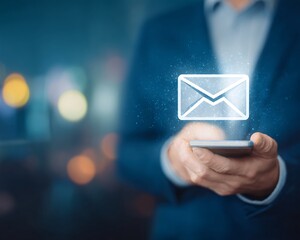 close-up businessman holding smartphone, holographic email notification floating, minimal office light, copyspace