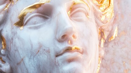 Marble sculpture with golden accents highlighting serene expression