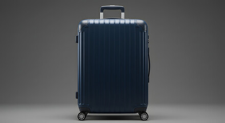 Modern navy blue hard shell suitcase with wheels and extendable handle, ready for travel and airport adventures