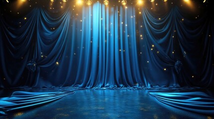 Elegant Blue Velvet Stage Curtain with Dramatic Lights and Sparkle