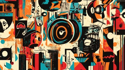 Abstract Art with Colorful Shapes and Urban Elements in Vivid Design