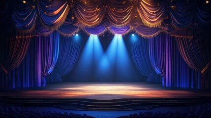 Elegant Theater Stage with Dramatic Curtains and Spotlight Effects
