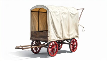 A covered wagon—red wood, arched canvas, wheels poised—rests in historical stillness. A metaphor for migratory longing and the choreography of frontier memory.