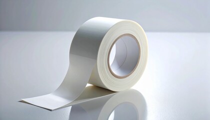 A roll of white tape—unspooled, resting on reflection—sits in quiet tension. A metaphor for silent repair and the choreography of provisional bonds.