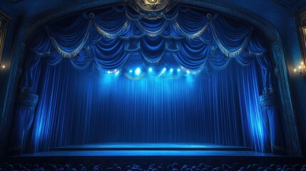 Elegant Blue Theater Stage with Draped Curtain and Spotlights