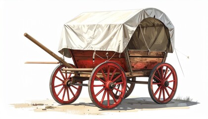 A covered wagon—red wood, arched canvas, wheels poised—rests in historical stillness. A metaphor for migratory longing and the choreography of frontier memory.