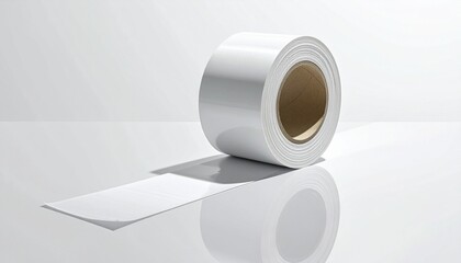 A roll of white tape—unspooled, resting on reflection—sits in quiet tension. A metaphor for silent repair and the choreography of provisional bonds.
