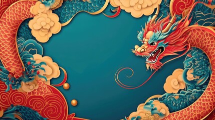 Vibrant Dragon Illustration with Clouds and Decorative Elements