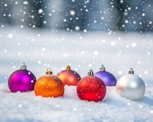 Fototapeta premium Festive christmas ornaments scattered on snowy ground with falling snow