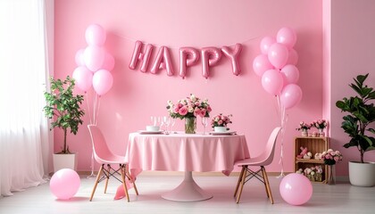 A pink party—balloons, cake, sheer drapes, golden “HAPPY”—rests in curated joy. A metaphor for ephemeral celebration and the choreography of collective delight.