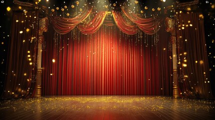 Vibrant Theatre Stage with Red Curtains and Sparkling Golden Lights