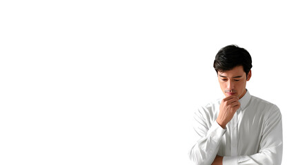 Introspective Contemplation: A man, lost in thought, contemplates a moment of reflection. He holds his chin, capturing the essence of human introspection and the weight of decision. 