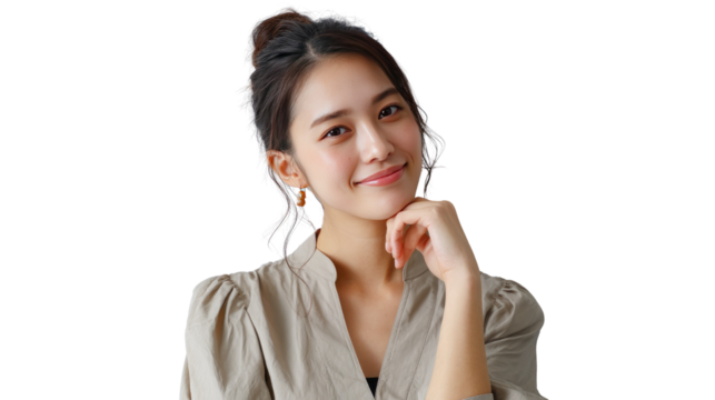 Elegant woman smiling: A charming portrait of a woman, radiating warmth and poise, her gentle smile reflecting an inviting sense of calm and self-assuredness.