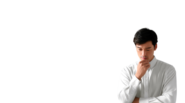 Introspective Contemplation: A man, lost in thought, contemplates a moment of reflection. He holds his chin, capturing the essence of human introspection and the weight of decision. 