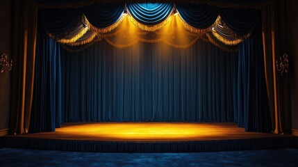 Elegant Stage with Blue Drapes and Golden Spotlight Illumination