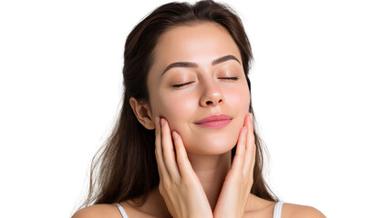 Serene Skin: A close-up shot captures a woman with radiant skin, eyes gently closed and hands softly caressing her cheeks, representing pure peace and tranquility. 