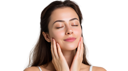 Serene Skin: A close-up shot captures a woman with radiant skin, eyes gently closed and hands softly caressing her cheeks, representing pure peace and tranquility. 