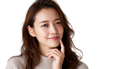 Thoughtful Moment: An Asian woman thoughtfully gazing away, her hand gently touching her chin, exudes a sense of serene contemplation and introspective elegance.