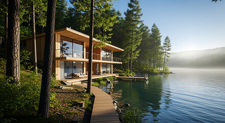 Obraz premium Modern wooden house nestled by a serene lake surrounded by lush green forest in the morning light