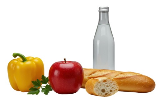A crisp yellow bell pepper, ripe red apple, elegant sparkling water bottle, golden baguette, green parsley meticulously arranged on transparent background, high-end commercial concept - Powered by Adobe
