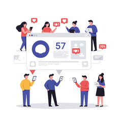 Diverse individuals joyfully interact with a giant floating social media feed, viewing notifications, likes, and comments on their smartphones and tablets in this 2D flat vector illustration.