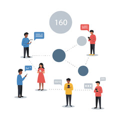 Diverse friends sharing content on mobile devices, linked by lines and speech bubbles, showing an online community in a 2D flat vector illustration with a share icon.