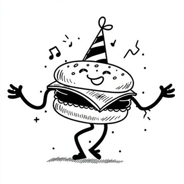 dancing burger, black and white line 